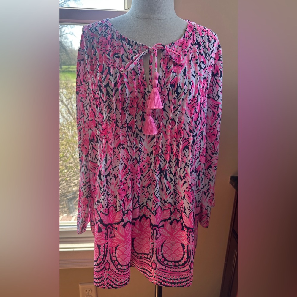 Lilly‎ Pulitzer Marilina Blouse in High Tide Navy Citrus Kiss, Size XL
